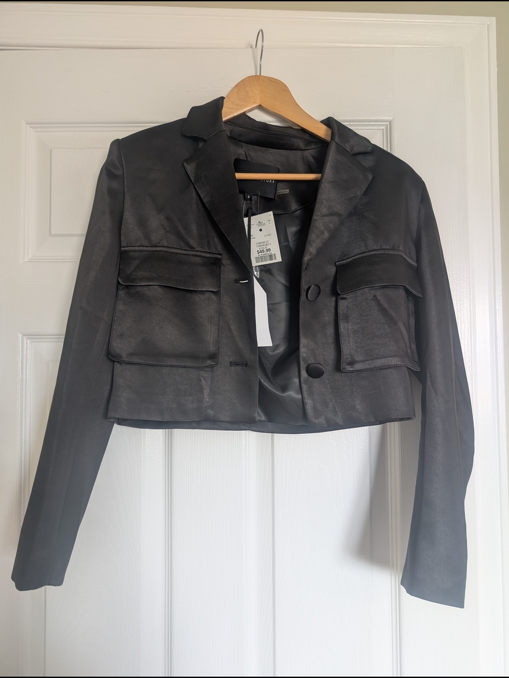 English Factory Black Satin Cropped Blazer Sz S